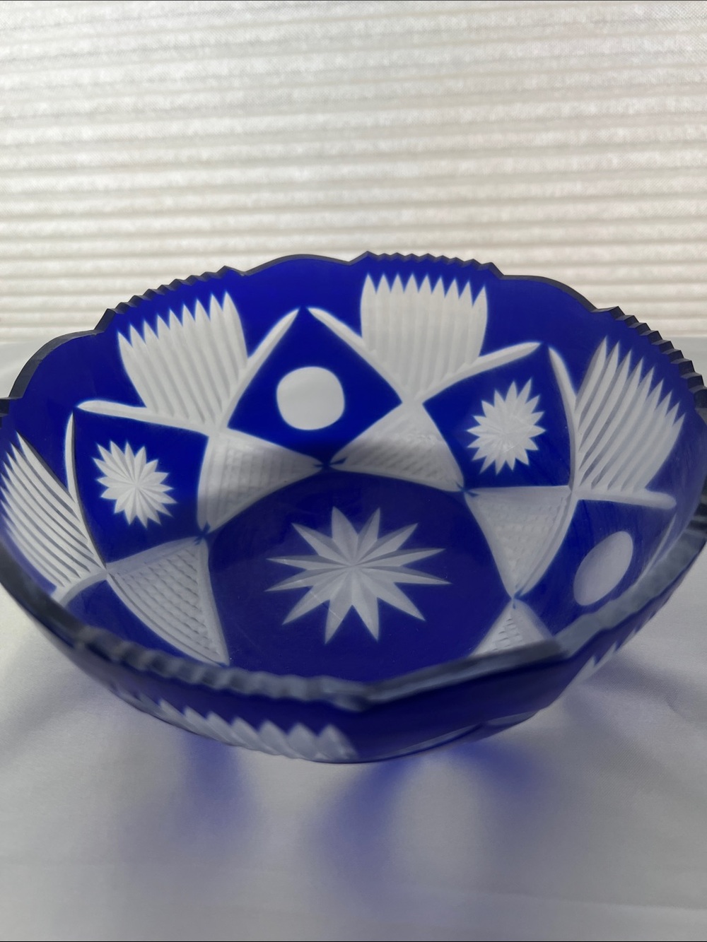 Unbranded Cobalt Blue Cut Glass Decorative Bowl with White Star Motifs Round 8"